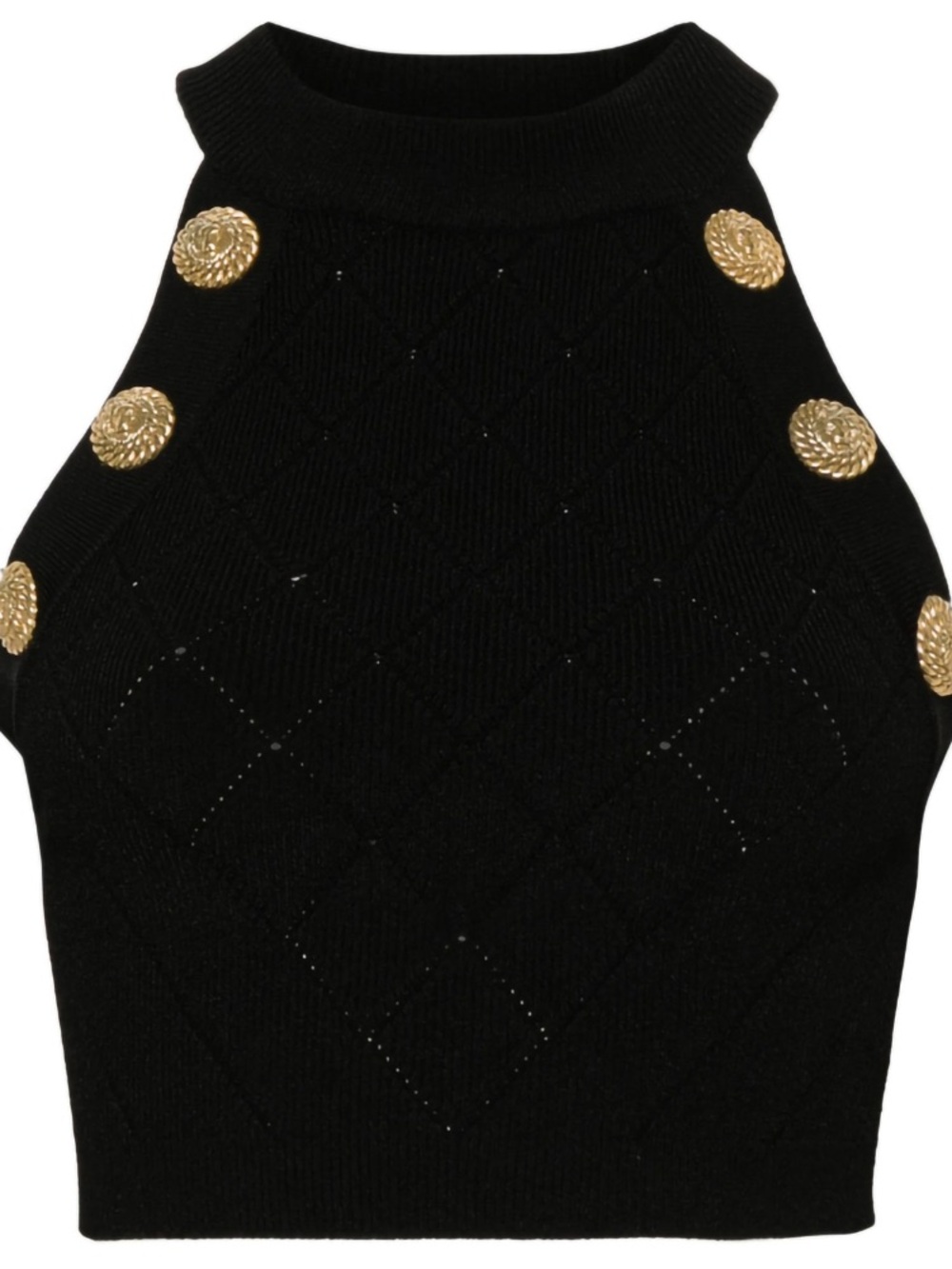 Balmain Black Knit Crop Top with Gold Buttons